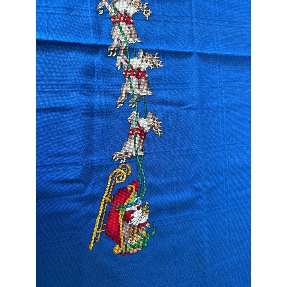 Vintage Christmas Santa Sleigh Reindeer Cross Stitch Blue Fringed Tablecloth